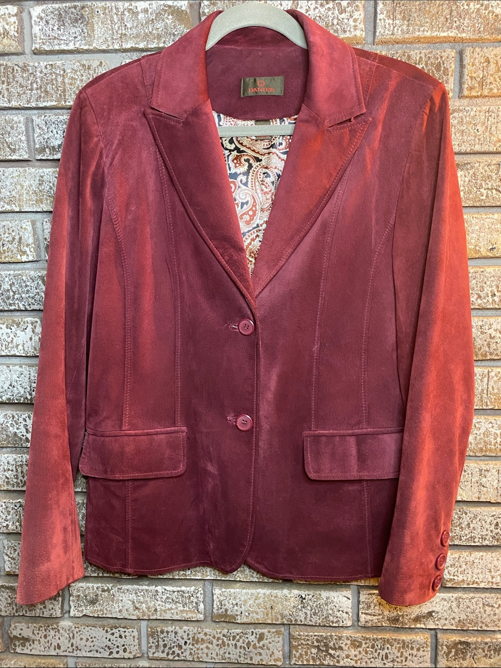 Vintage Danier Suede Blazer Jacket in Rich Burgundy with Paisley Lining